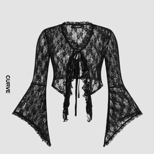 BNWT Black Lace V-Neck See-Through Crop Top with Long Sleeves Two Ties in Front